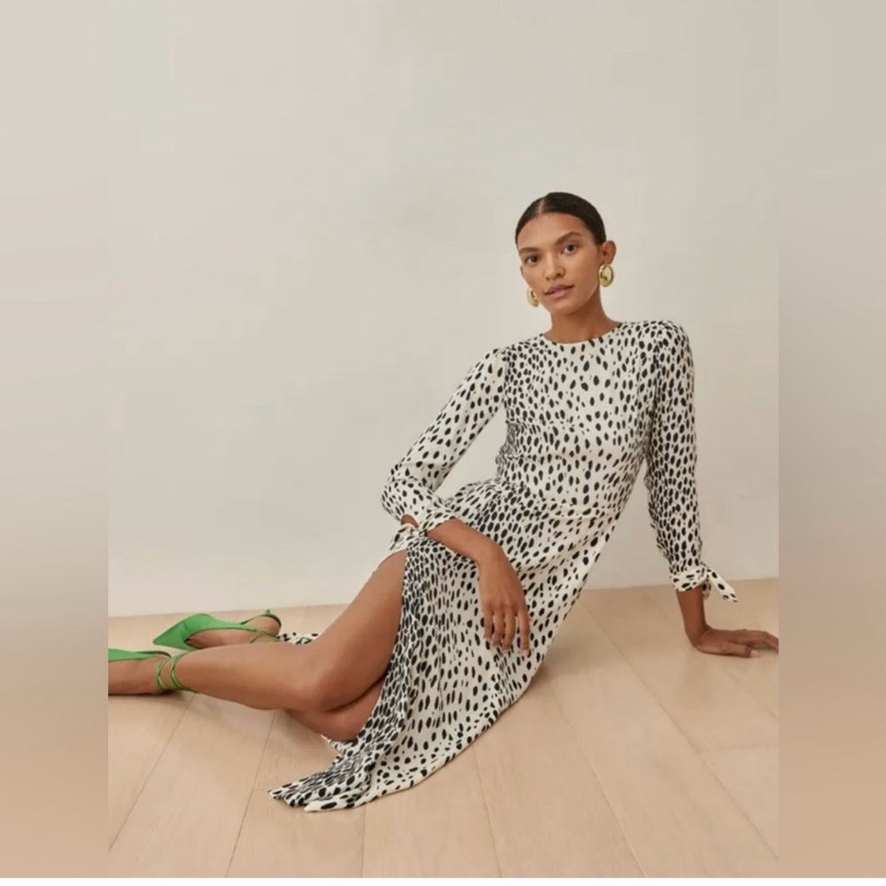 Reformation Zelda Black and White Midi Dress with high slit and long Sleeves